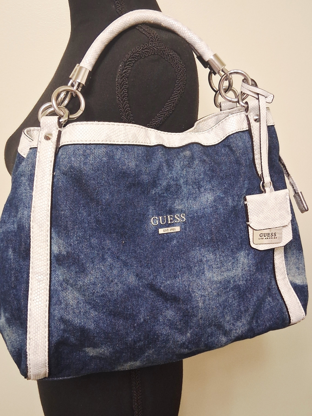 Y2K GUESS Shelly Denim Satchel White Snakeskin Silver Hardware Tote Bag Retro